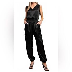 Kori Women’s New Black Satin Sleeveless Jumpsuit with Silver Snaps  Size Small